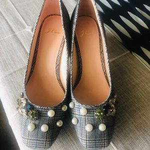 J Crew Embellished Plaid Block Heels